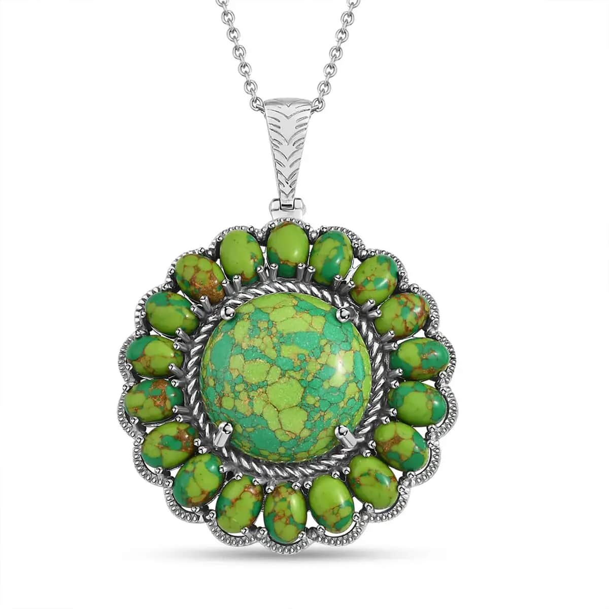 Karis Mojave Green Turquoise 38.00 ctw Floral Pendant in Platinum Bond with Stainless Steel Necklace 20 Inches image number 0