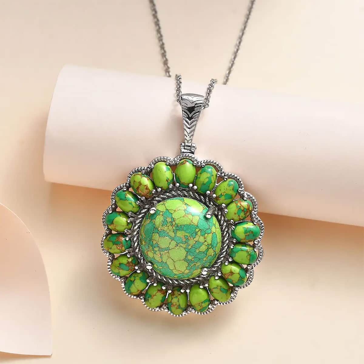 Karis Mojave Green Turquoise 38.00 ctw Floral Pendant in Platinum Bond with Stainless Steel Necklace 20 Inches image number 1