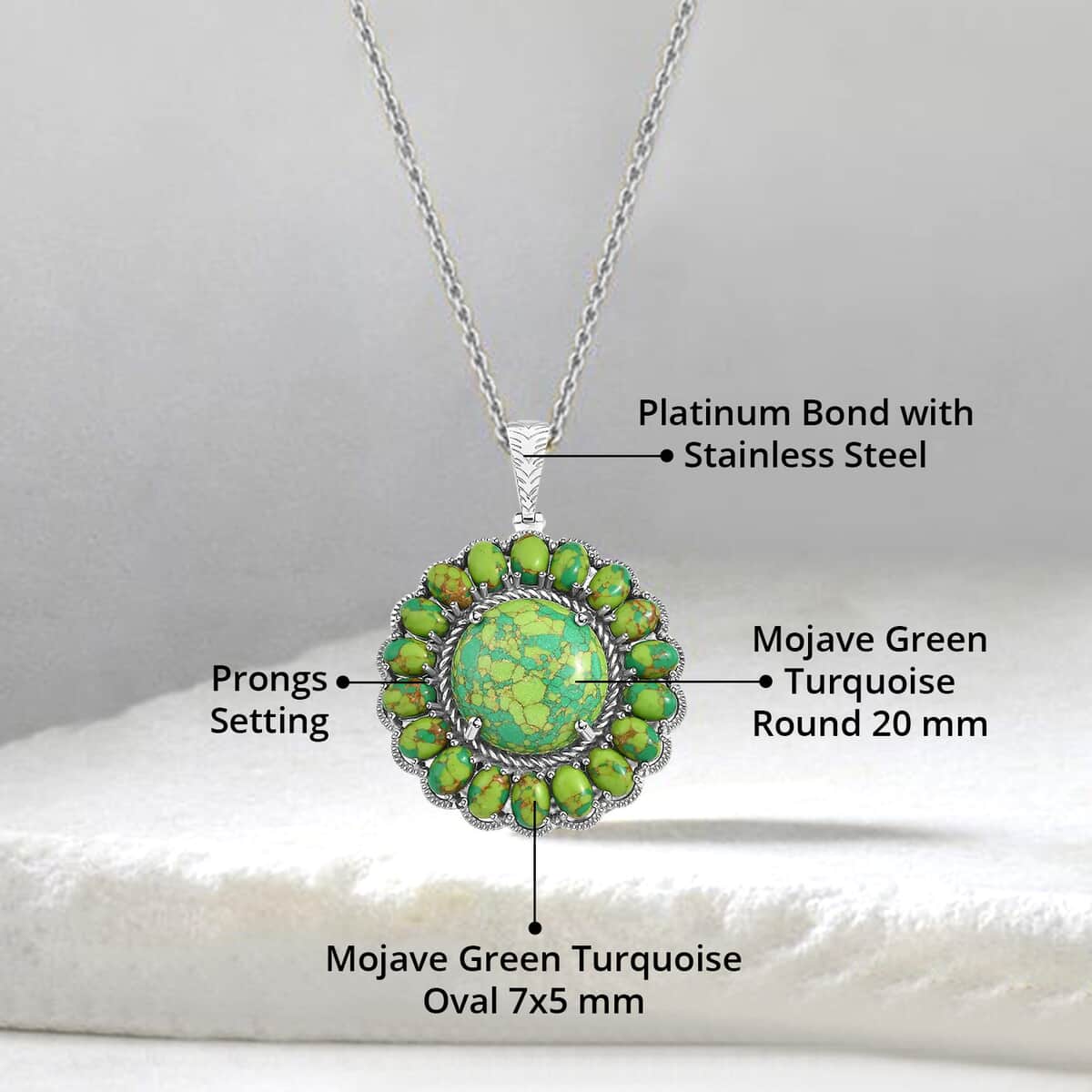 Karis Mojave Green Turquoise 38.00 ctw Floral Pendant in Platinum Bond with Stainless Steel Necklace 20 Inches image number 4