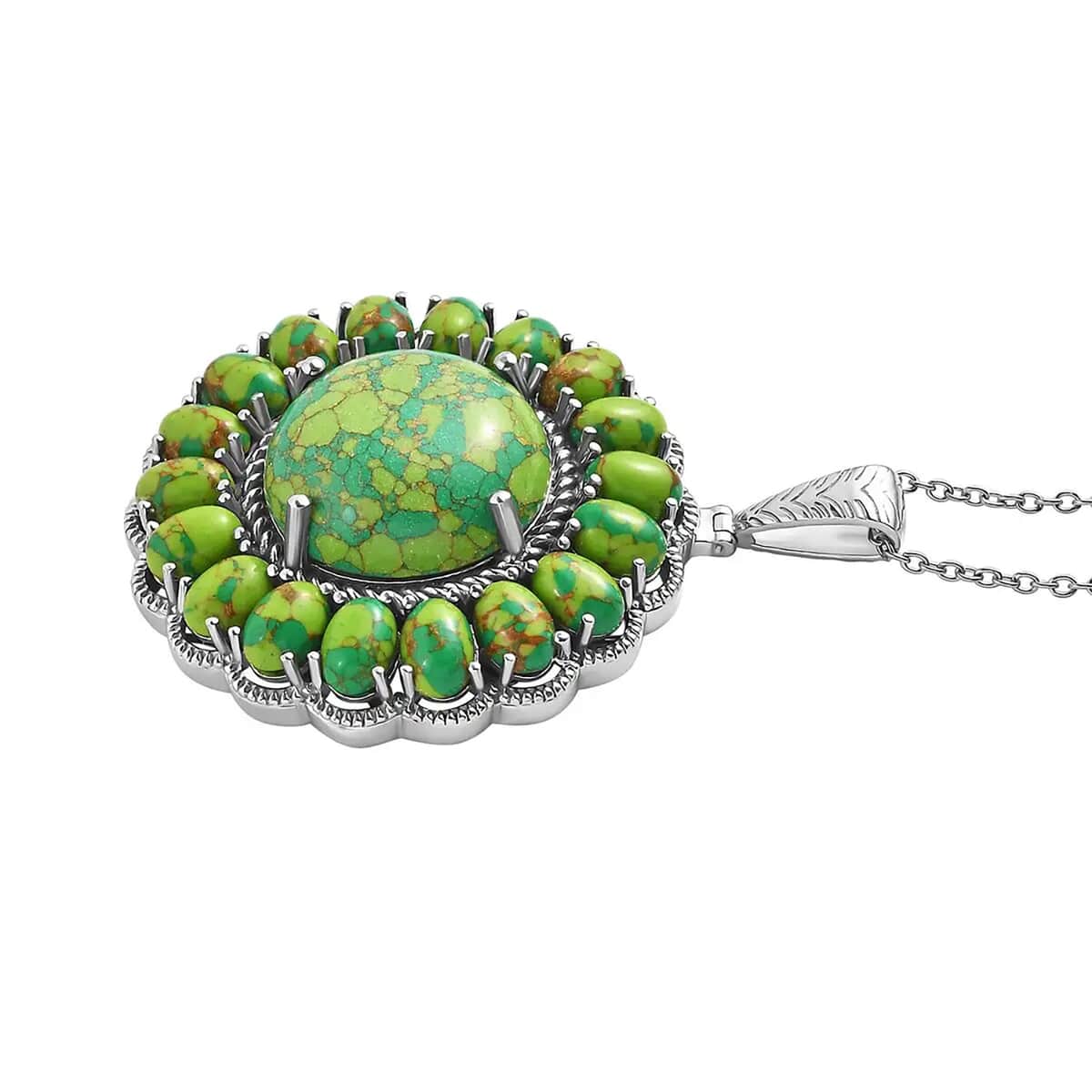 Karis Mojave Green Turquoise 38.00 ctw Floral Pendant in Platinum Bond with Stainless Steel Necklace 20 Inches image number 7