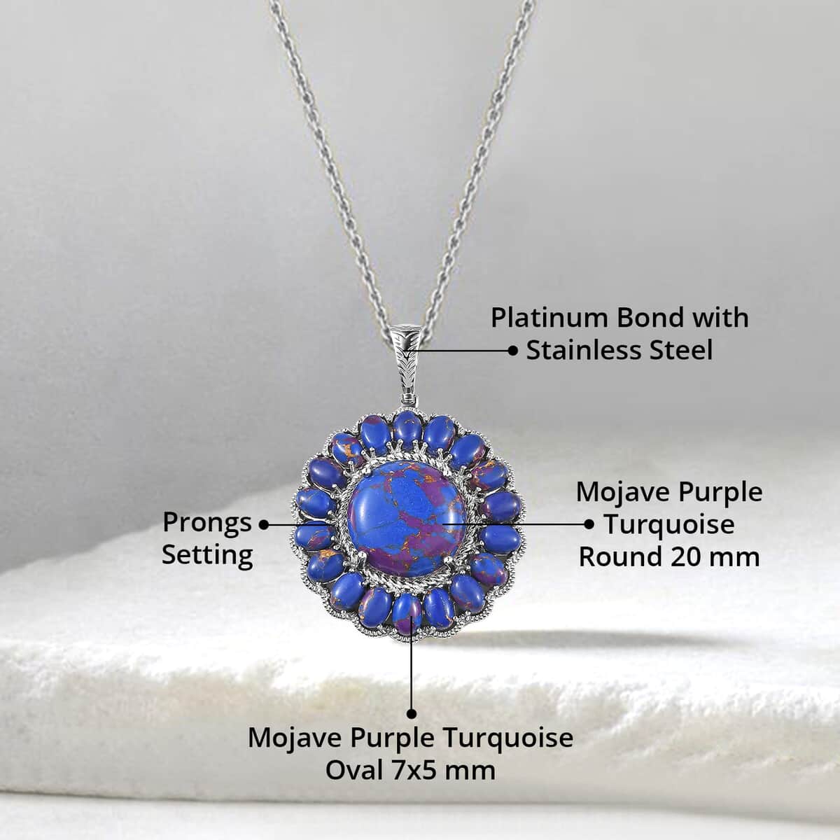 Karis Mojave Purple Turquoise 38.00 ctw Floral Pendant in Platinum Bond with Stainless Steel Necklace 20 Inches image number 4