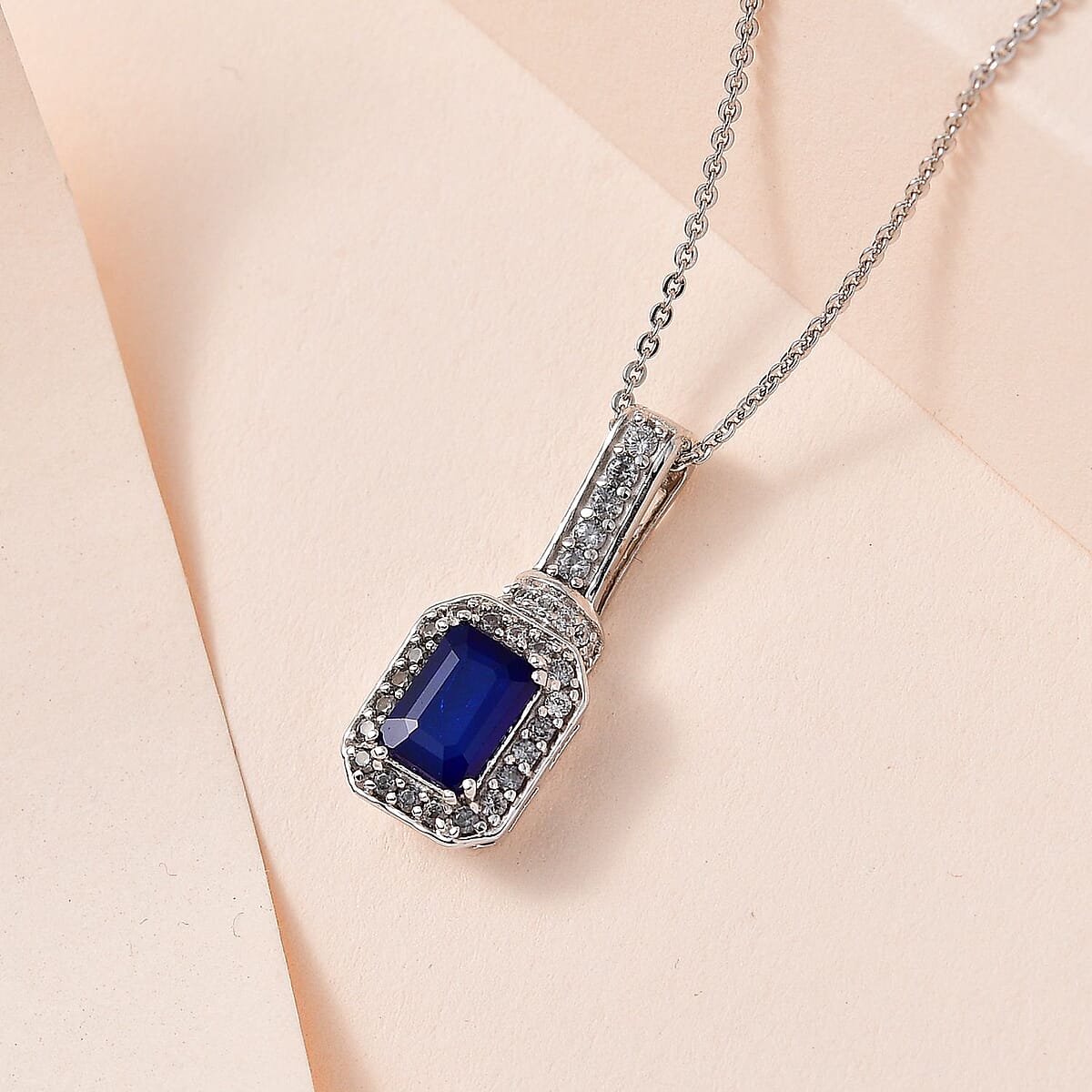 Tanzanian Blue Spinel (DF) and White Zircon Pendant Necklace 20 Inches in Platinum Over Sterling Silver 1.50 ctw image number 1