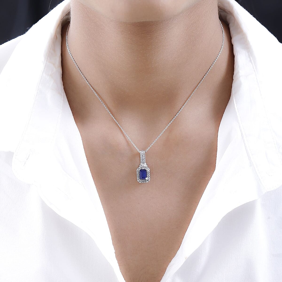 Tanzanian Blue Spinel (DF) and White Zircon Pendant Necklace 20 Inches in Platinum Over Sterling Silver 1.50 ctw image number 2