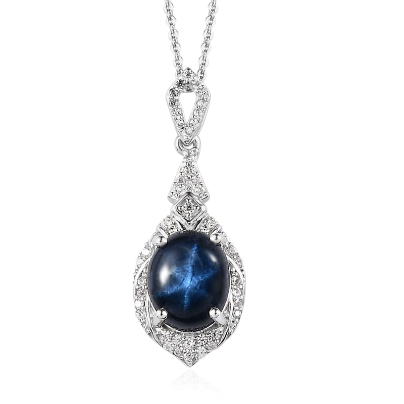 Blue Star Sapphire (DF) and White Zircon Necklace 20 Inches in Platinum Over Sterling Silver 4.50 ctw