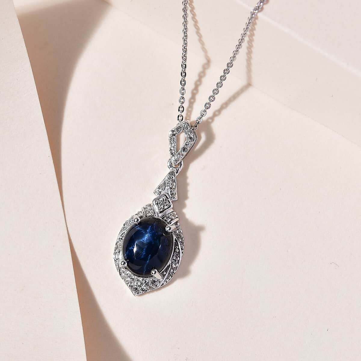 Blue Star Sapphire (DF) and White Zircon Necklace 20 Inches in Platinum Over Sterling Silver 4.50 ctw image number 1