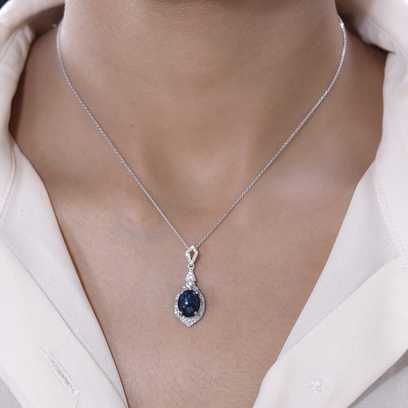 Blue Star Sapphire (DF) and White Zircon Necklace 20 Inches in Platinum Over Sterling Silver 4.50 ctw