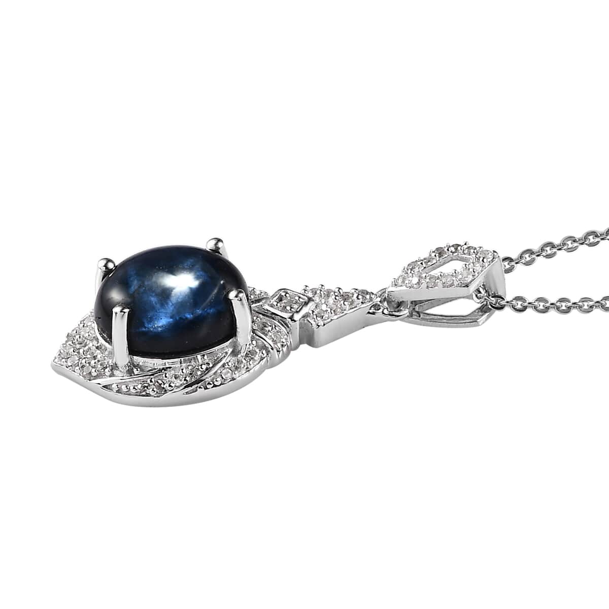 Blue Star Sapphire (DF) and White Zircon Necklace 20 Inches in Platinum Over Sterling Silver 4.50 ctw image number 3