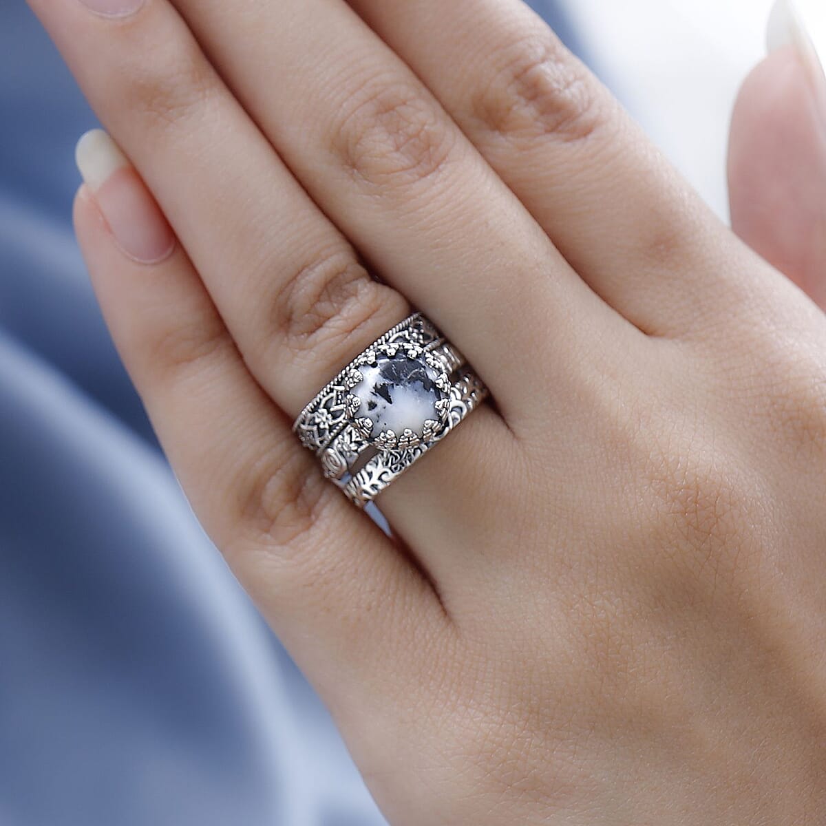 Artisan Crafted White Buffalo Set of 3 Stackable Ring in Sterling Silver (Size 7.0) 4.10 ctw image number 2