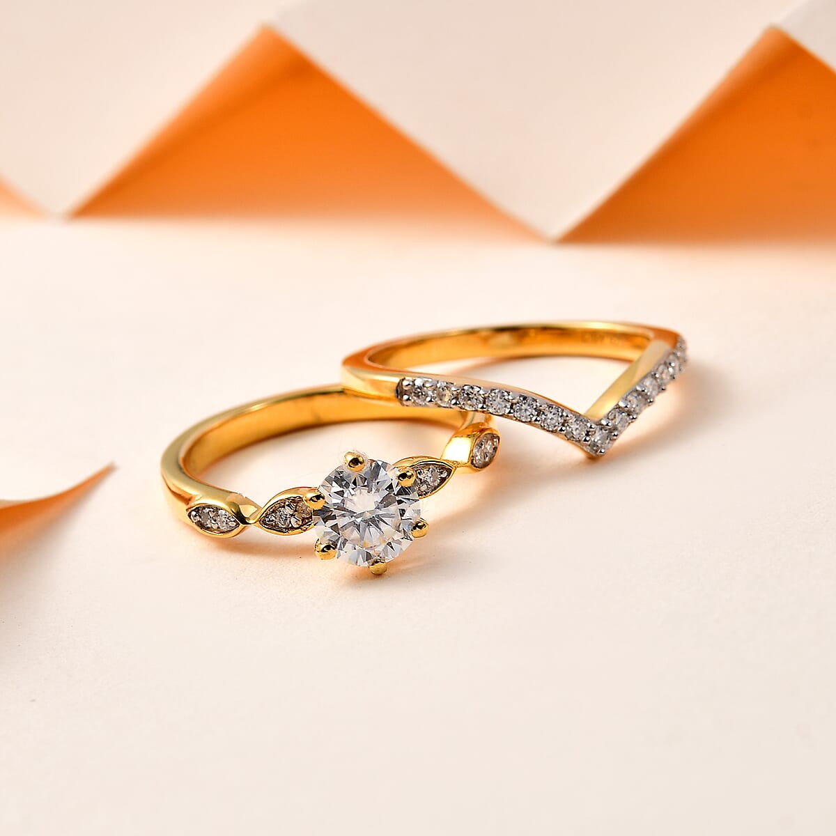 Moissanite (Rnd 6mm) Chevron Layered Set of 2 Ring in Vermeil YG Over Sterling Silver (Size 6.0) 0.90 ctw image number 1