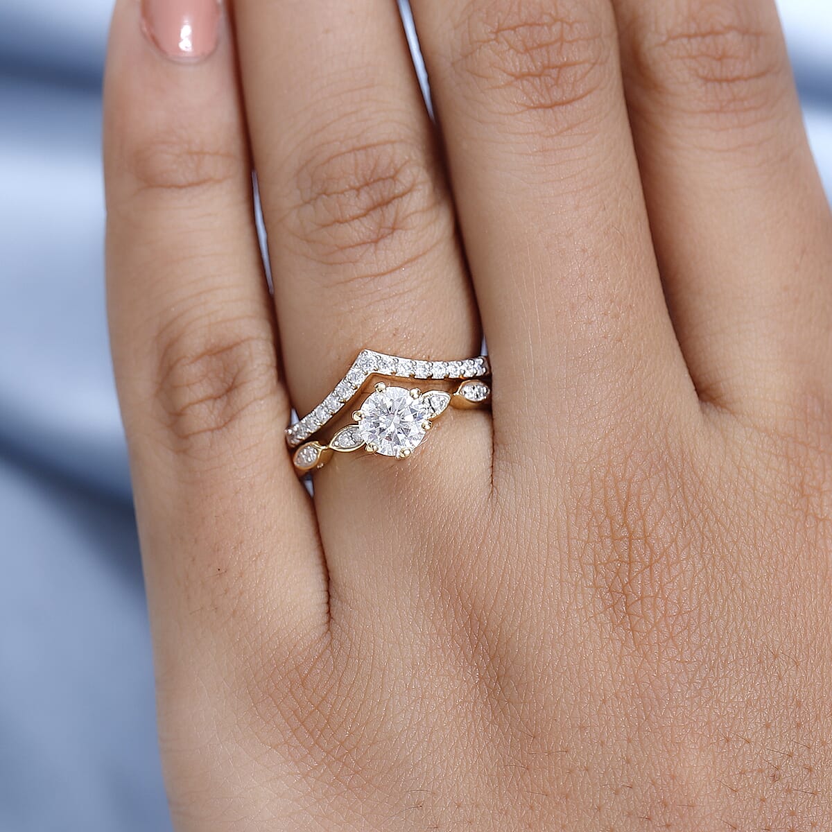 Moissanite (Rnd 6mm) Chevron Layered Set of 2 Ring in Vermeil YG Over Sterling Silver (Size 6.0) 0.90 ctw image number 2