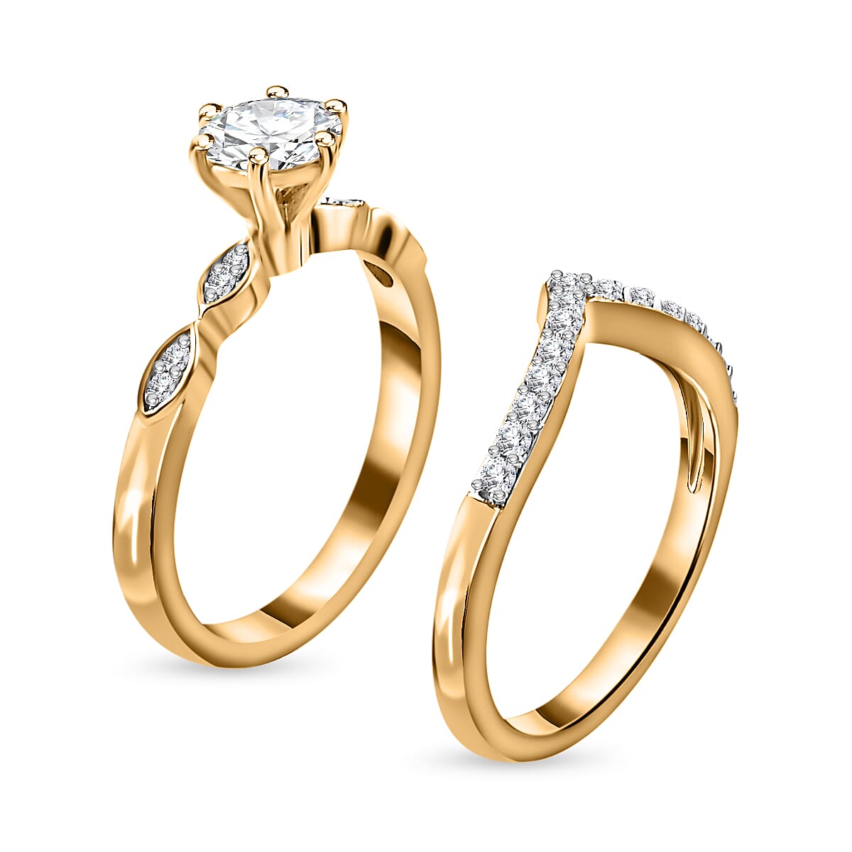 Moissanite (Rnd 6mm) Chevron Layered Set of 2 Ring in Vermeil YG Over Sterling Silver (Size 6.0) 0.90 ctw image number 3