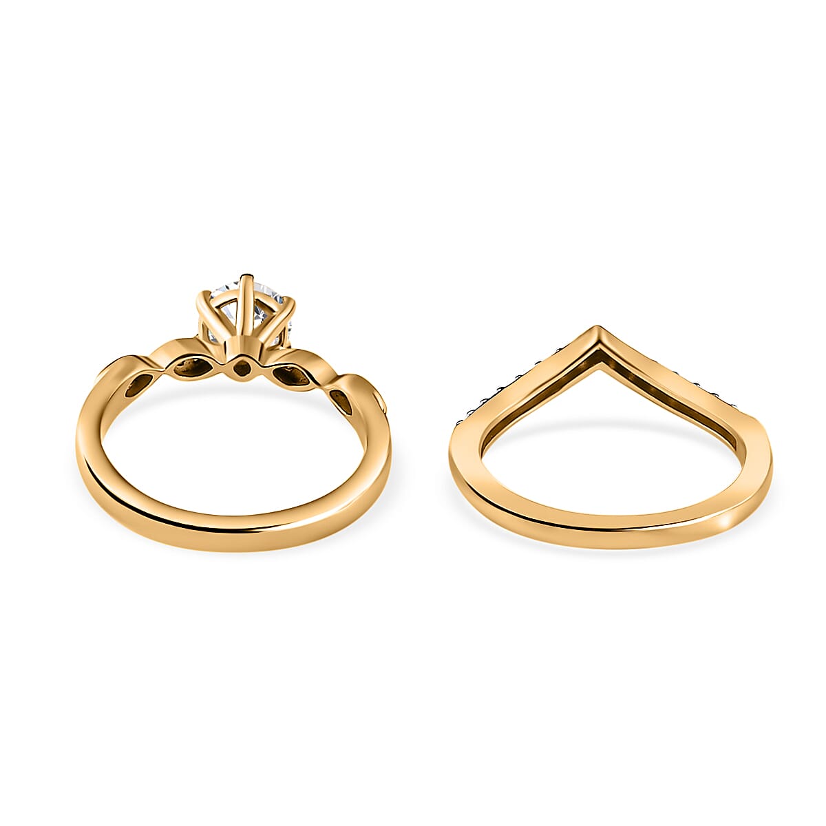 Moissanite (Rnd 6mm) Chevron Layered Set of 2 Ring in Vermeil YG Over Sterling Silver (Size 6.0) 0.90 ctw image number 4