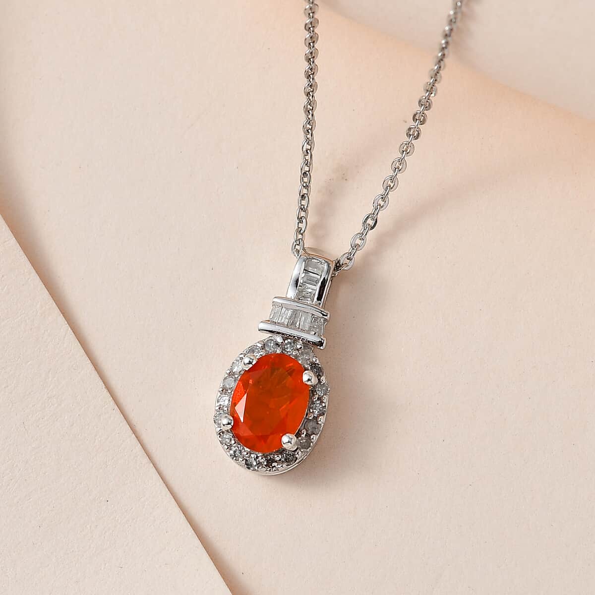 Crimson Fire Opal and Diamond Halo Pendant Necklace 20 Inches in Platinum Over Sterling Silver 0.70 ctw image number 1