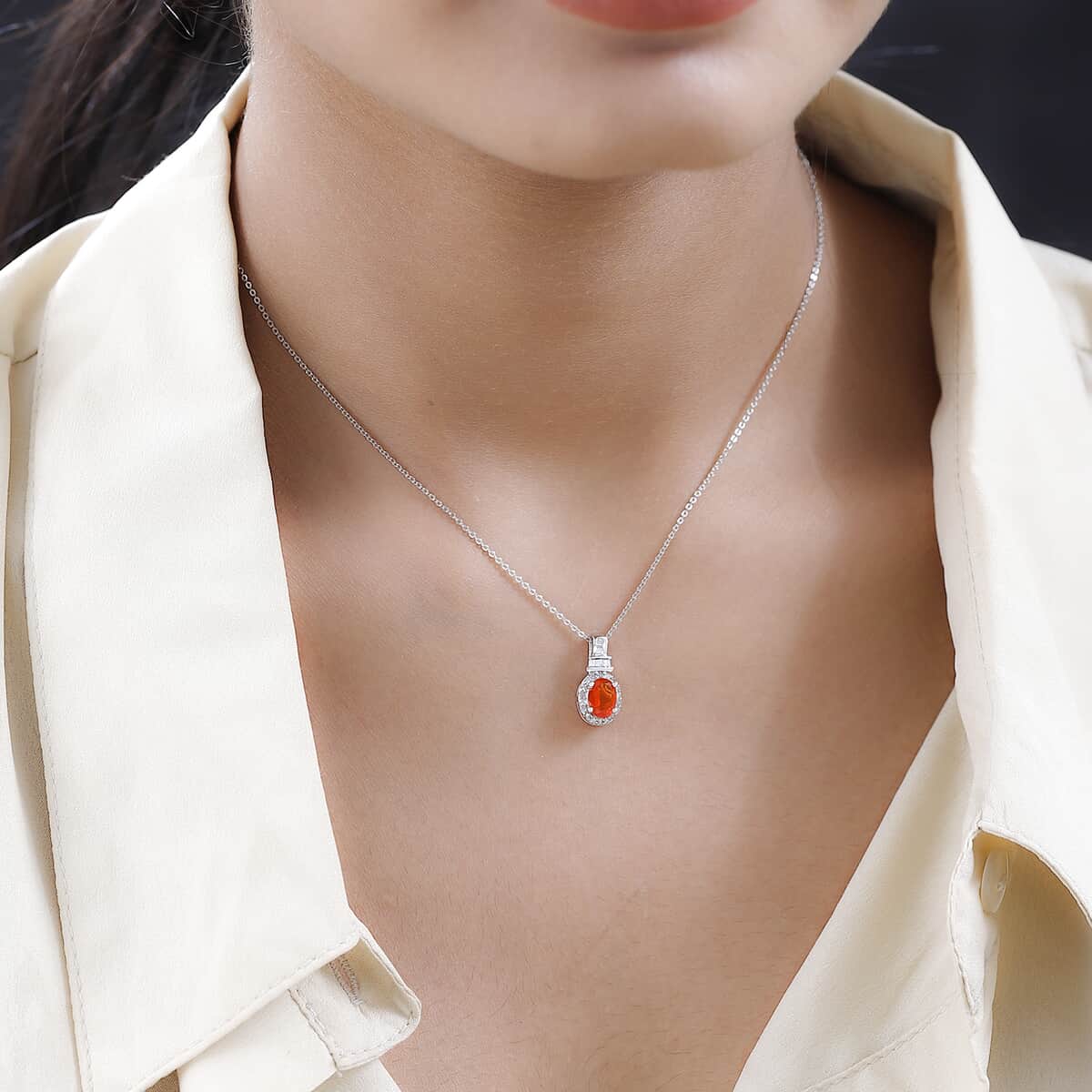 Crimson Fire Opal and Diamond Halo Pendant Necklace 20 Inches in Platinum Over Sterling Silver 0.70 ctw image number 2