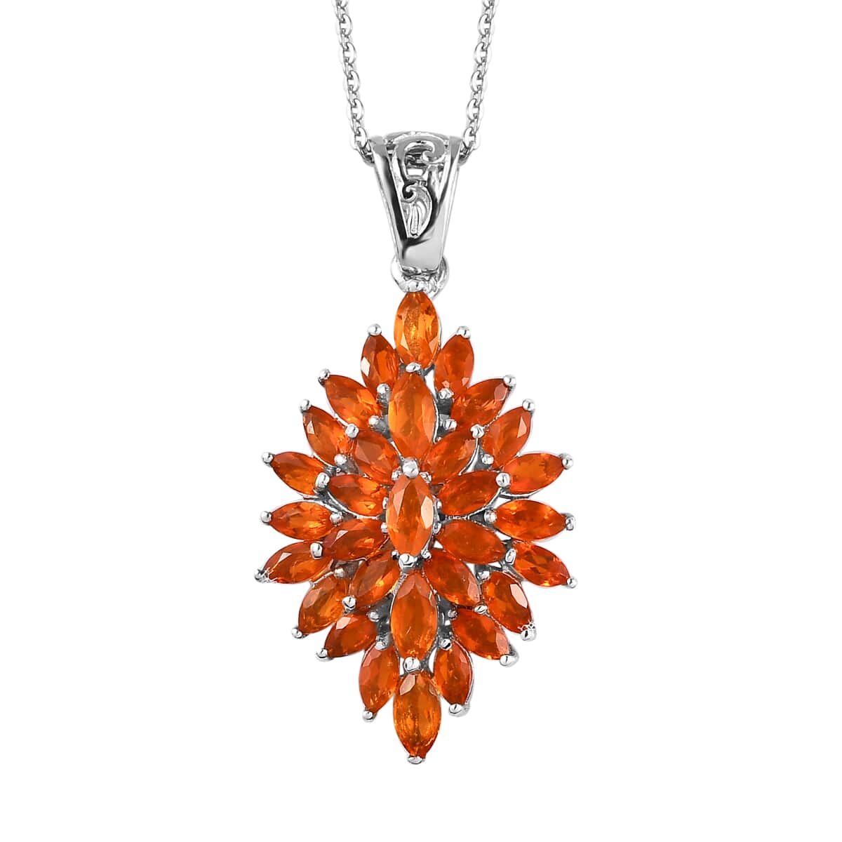 Mexican Fire Opal Floral Spray Pendant Necklace 20 Inches in Platinum Over Sterling Silver 1.85 ctw image number 0