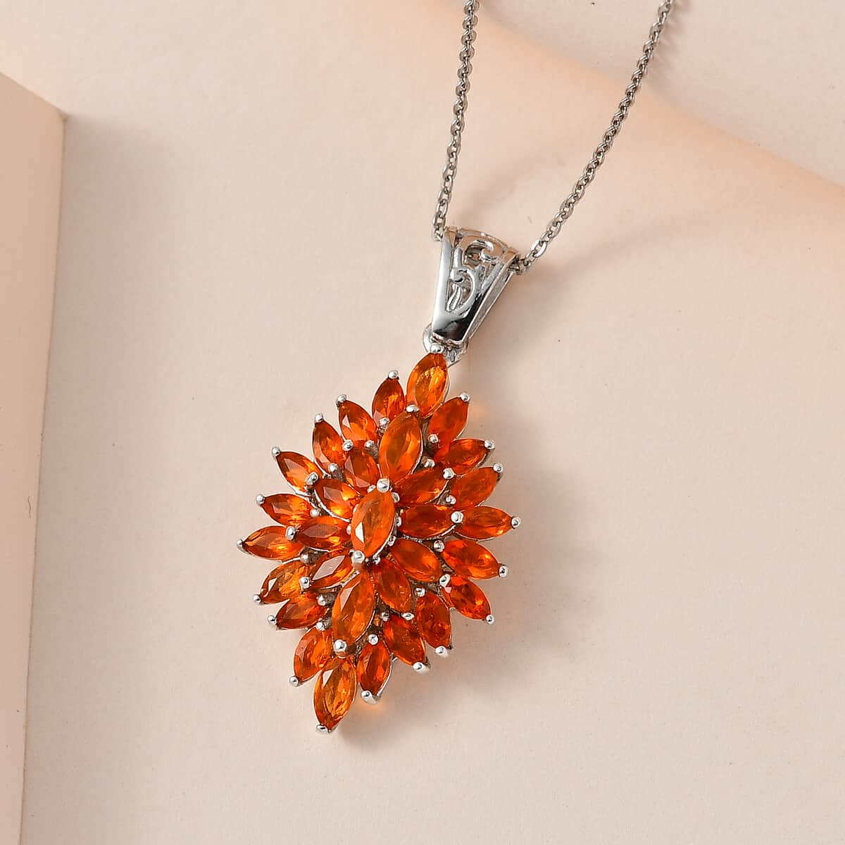 Mexican Fire Opal Floral Spray Pendant Necklace 20 Inches in Platinum Over Sterling Silver 1.85 ctw image number 1