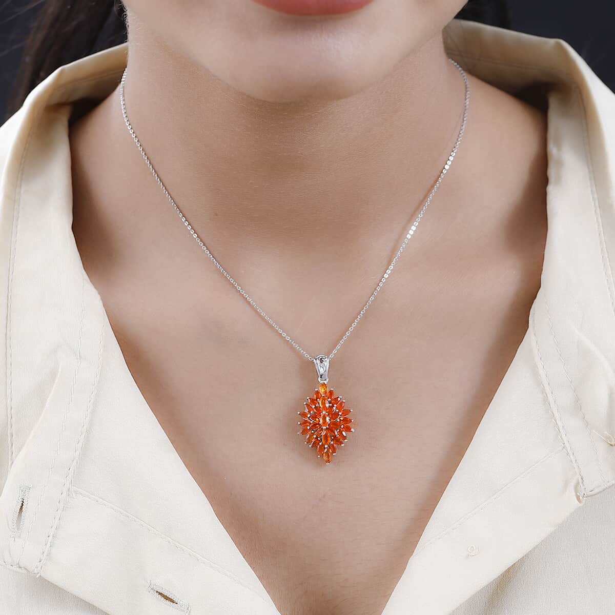 Mexican Fire Opal Floral Spray Pendant Necklace 20 Inches in Platinum Over Sterling Silver 1.85 ctw image number 2