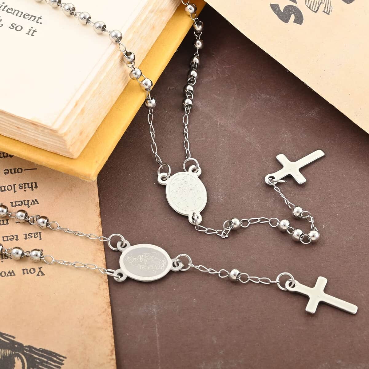 Rosary Necklace 18 Inches and Bracelet (9In) in Stainless Steel image number 1