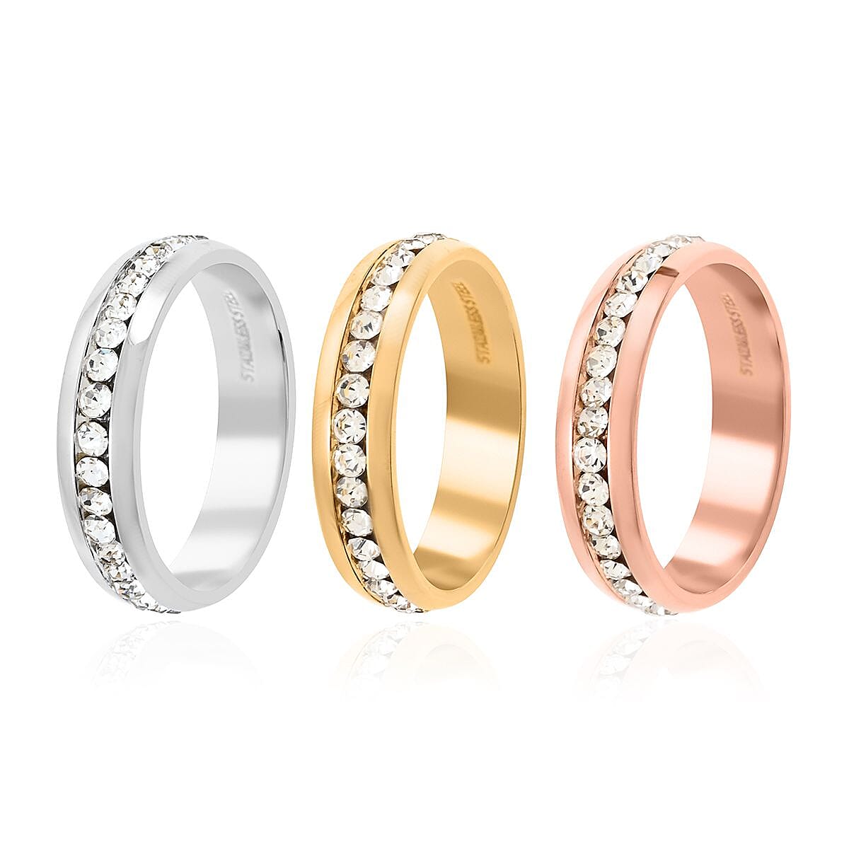 Austrian Crystal Set of 3 Ring (Size 6.0) in ION Plated YG, RG and Stainless Steel 3.50 ctw