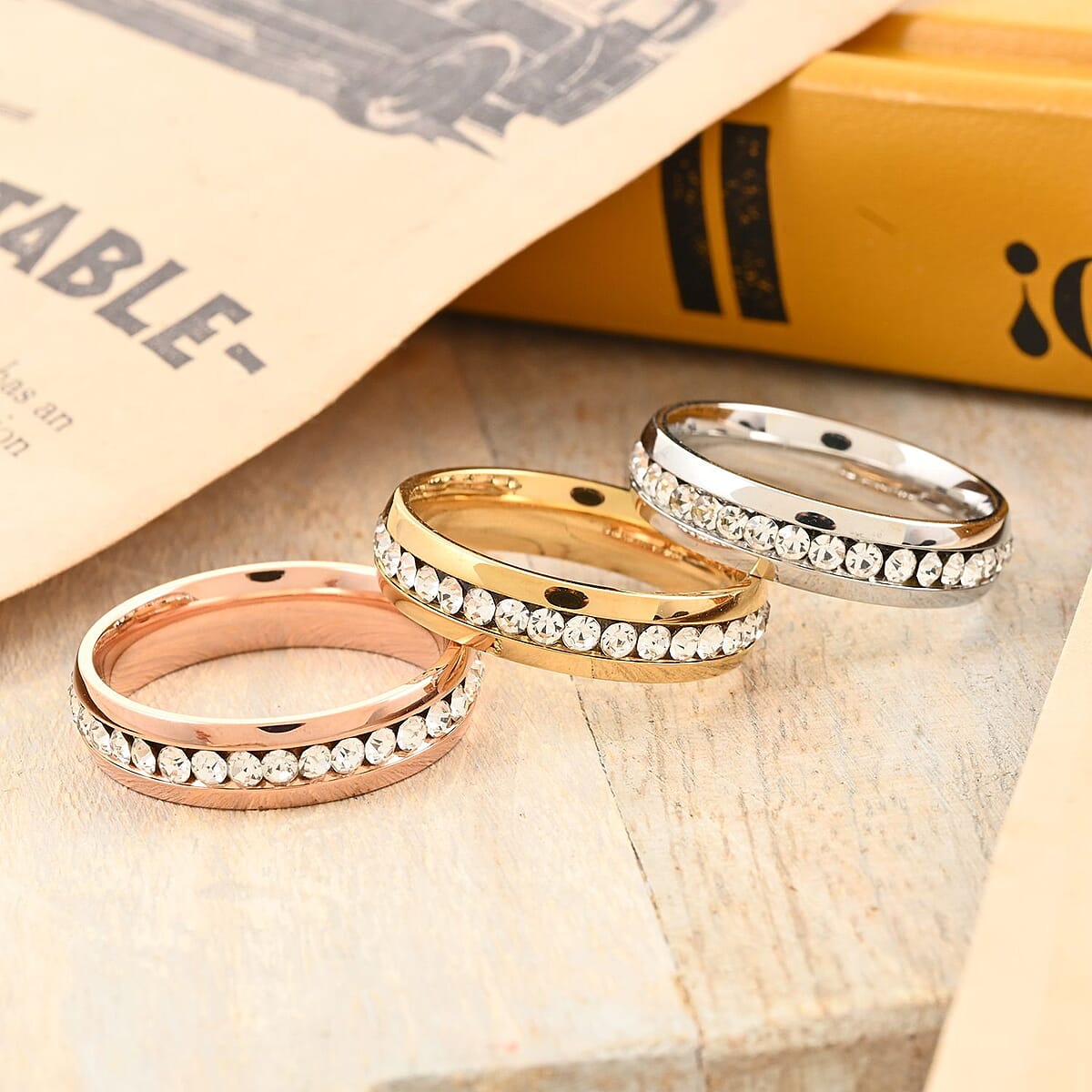 Austrian Crystal Set of 3 Ring (Size 7.0) in ION Plated YG, RG and Stainless Steel 3.50 ctw image number 1