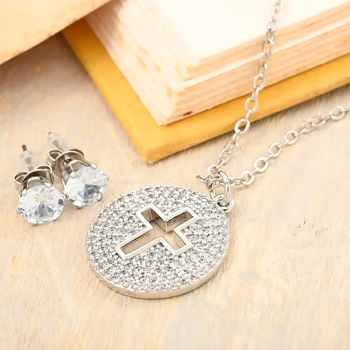 Simulated Diamond Necklace (18 Inches) and Earrings in Stainless Steel 3.10 ctw image number 1