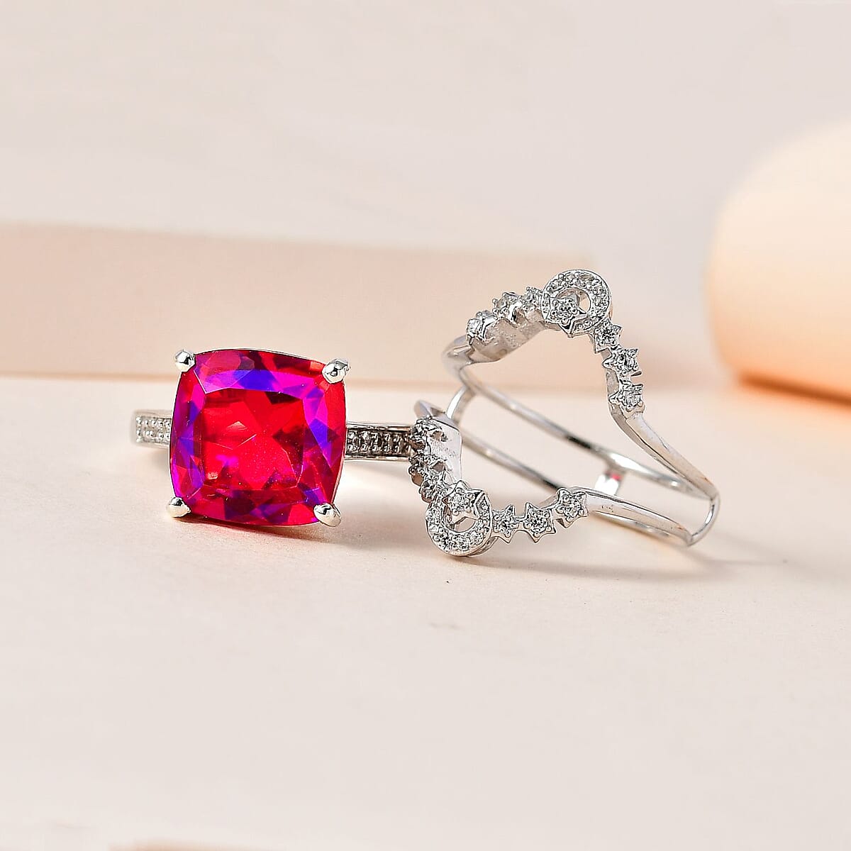 Volcanic Quartz (Triplet) and White Zircon Set of 2 Ring in Platinum Over Sterling Silver (Size 7.0) 8.50 ctw image number 1