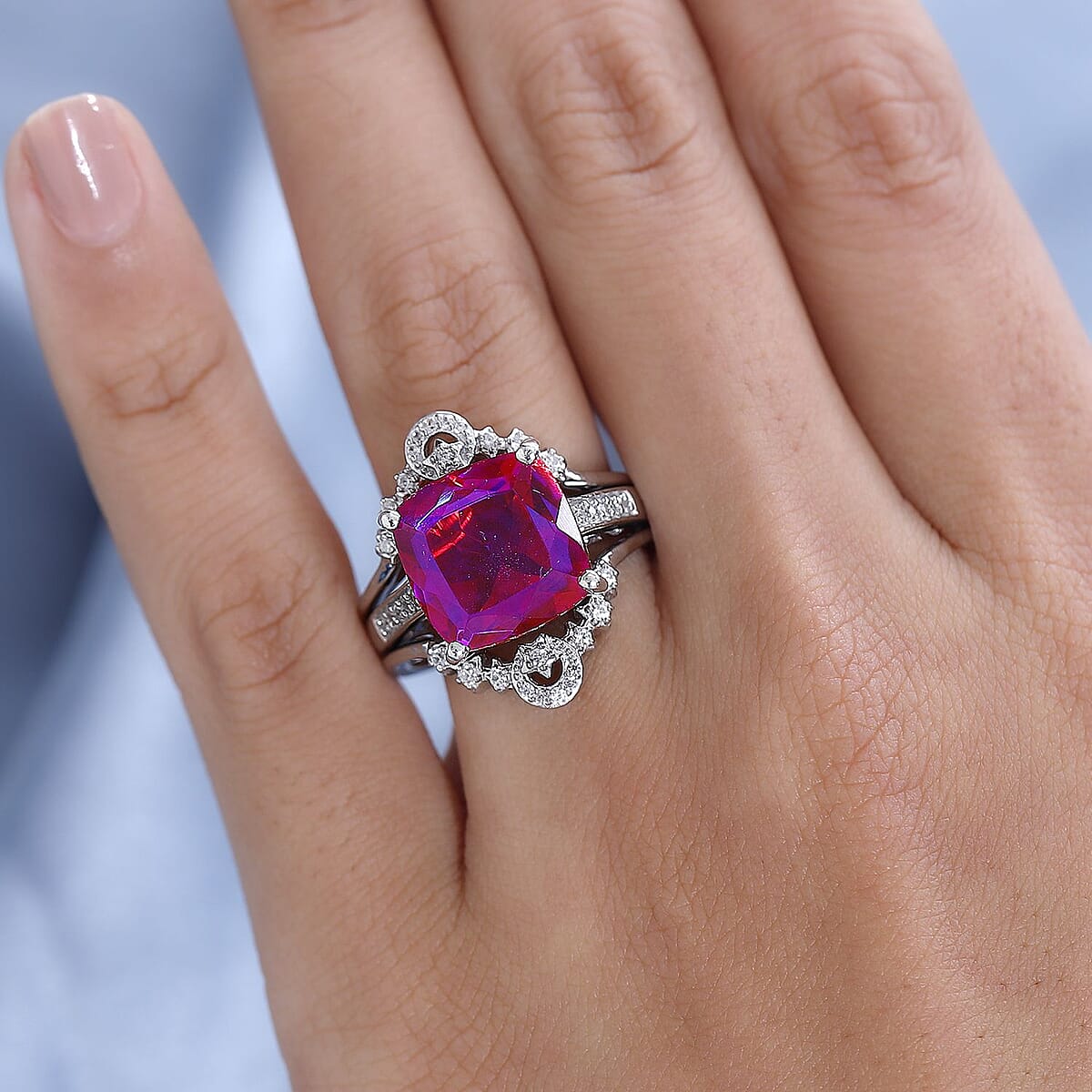 Volcanic Quartz (Triplet) and White Zircon Set of 2 Ring in Platinum Over Sterling Silver (Size 7.0) 8.50 ctw image number 2