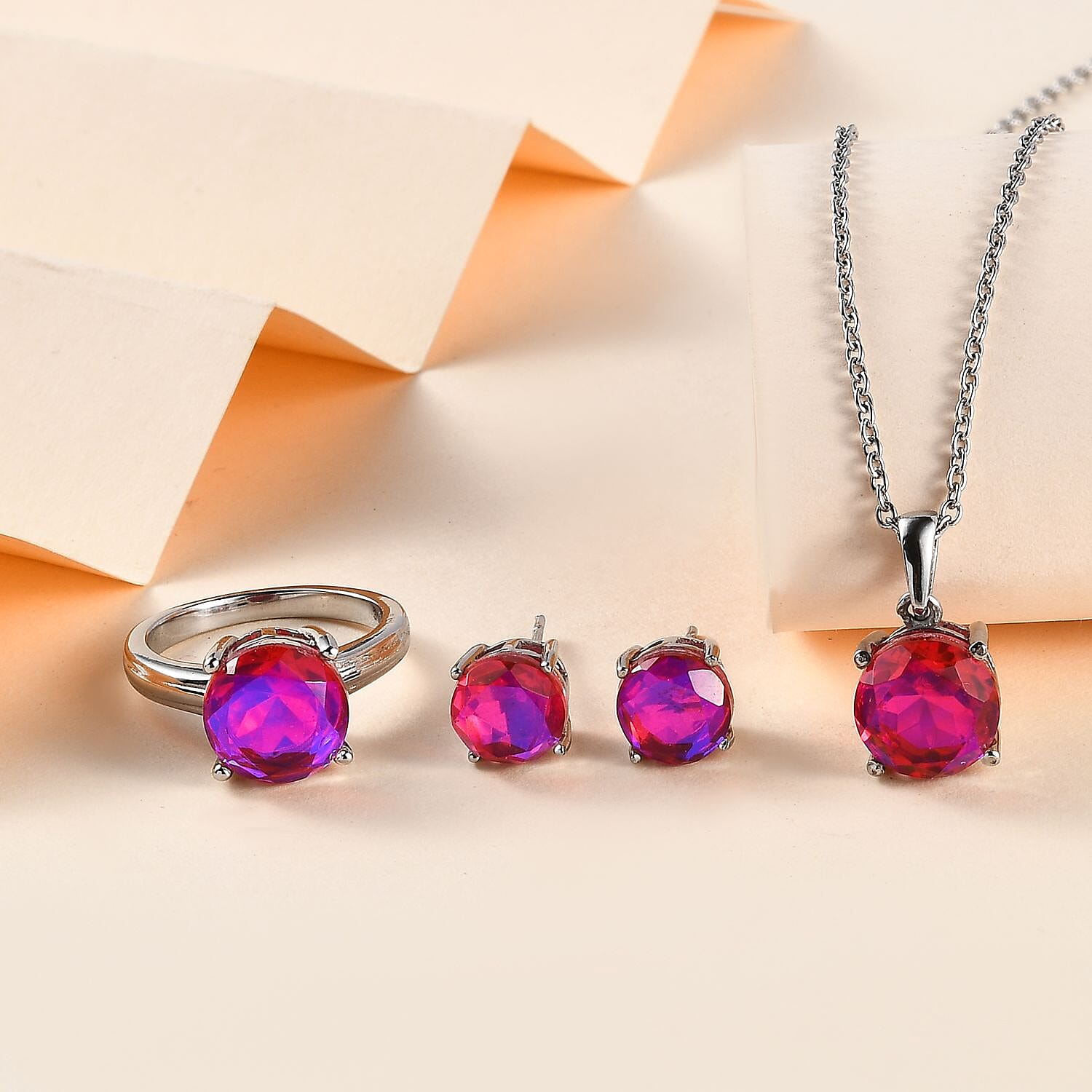 Volcanic Quartz (Triplet) Stud Earrings, Solitaire Ring (Size 5.0) and Pendant Necklace 20 Inches in Stainless Steel 13.15 ctw