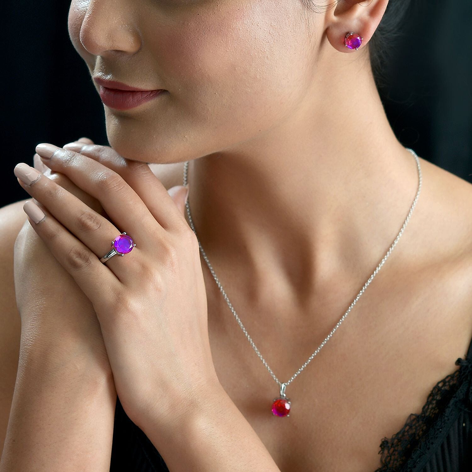 Volcanic Quartz (Triplet) Stud Earrings, Solitaire Ring (Size 5.0) and Pendant Necklace 20 Inches in Stainless Steel 13.15 ctw