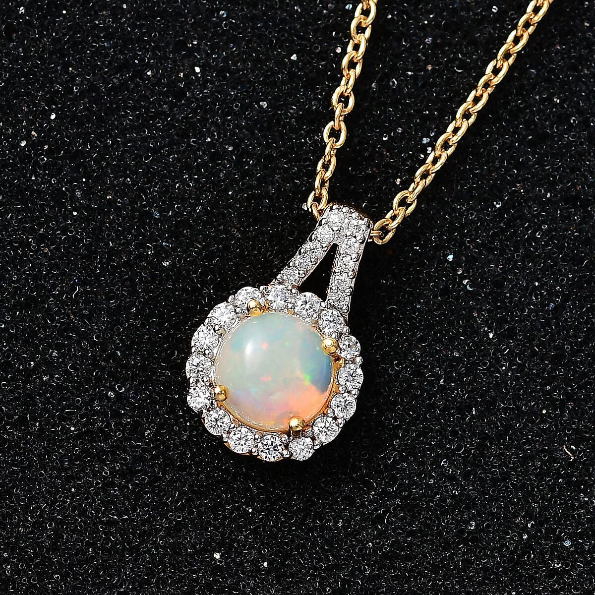 Ethiopian Welo Opal and Moissanite Pendant Necklace 20 Inches in Vermeil Yellow Gold Over Sterling Silver 1.10 ctw image number 2