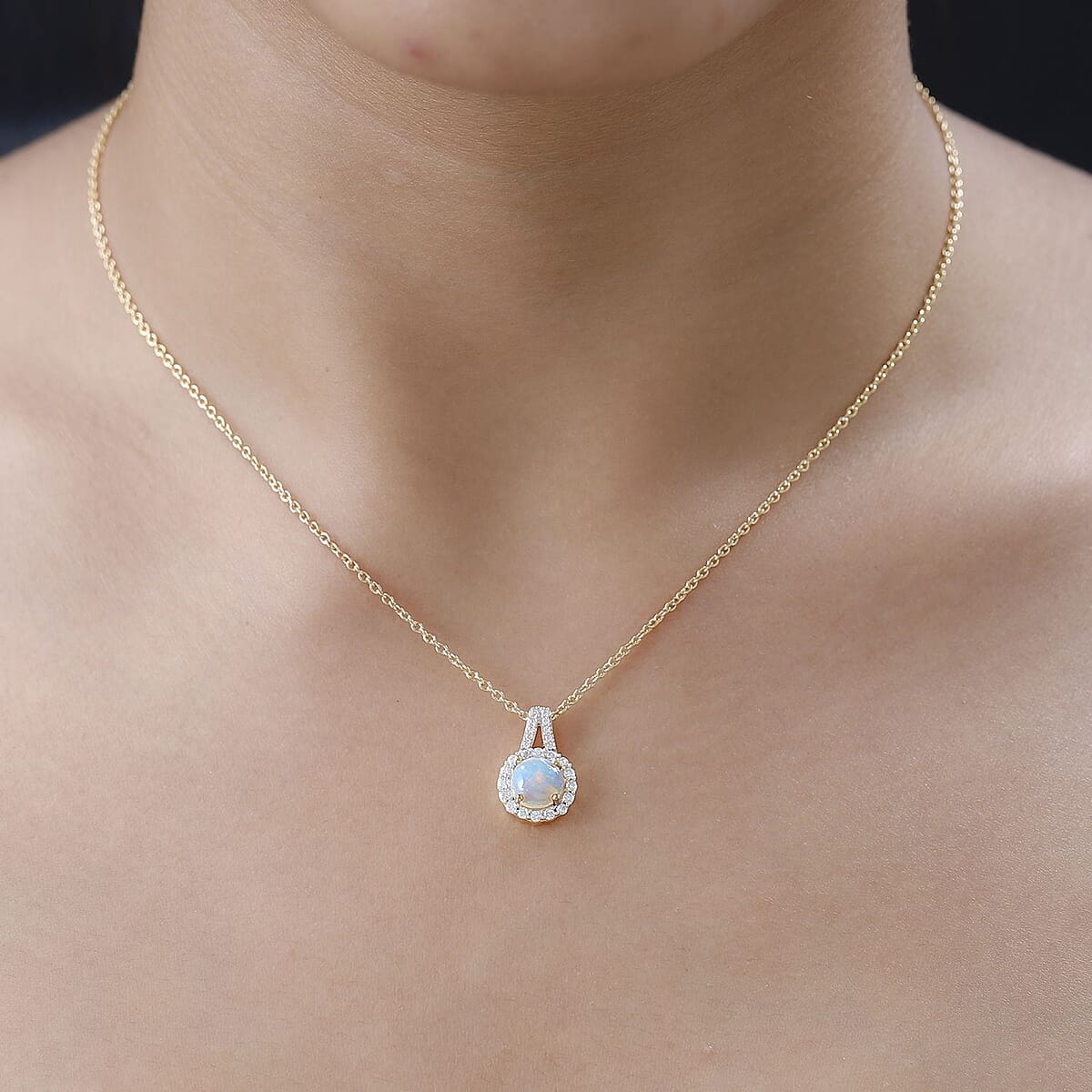 Ethiopian Welo Opal and Moissanite Pendant Necklace 20 Inches in Vermeil Yellow Gold Over Sterling Silver 1.10 ctw image number 3