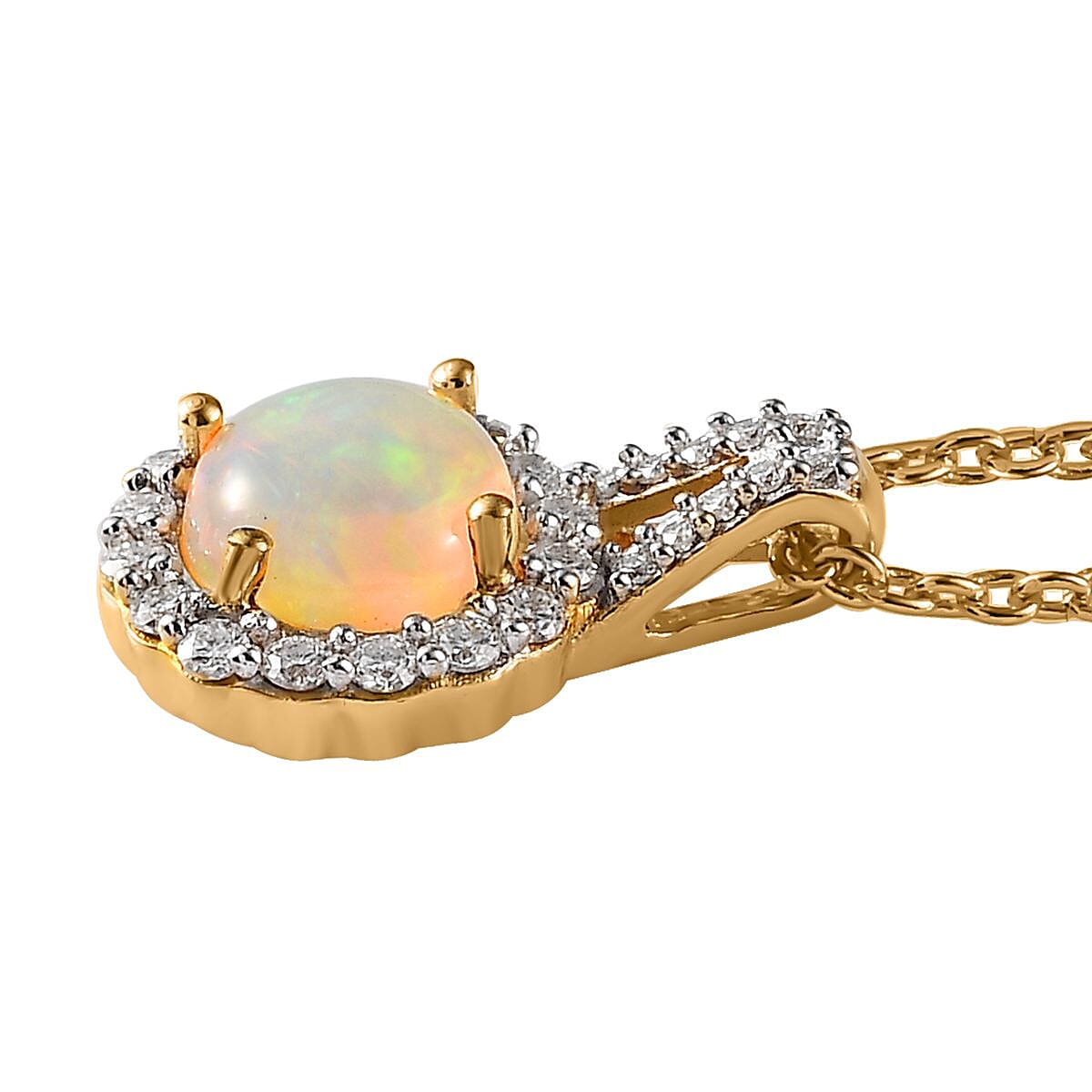 Ethiopian Welo Opal and Moissanite Pendant Necklace 20 Inches in Vermeil Yellow Gold Over Sterling Silver 1.10 ctw image number 4