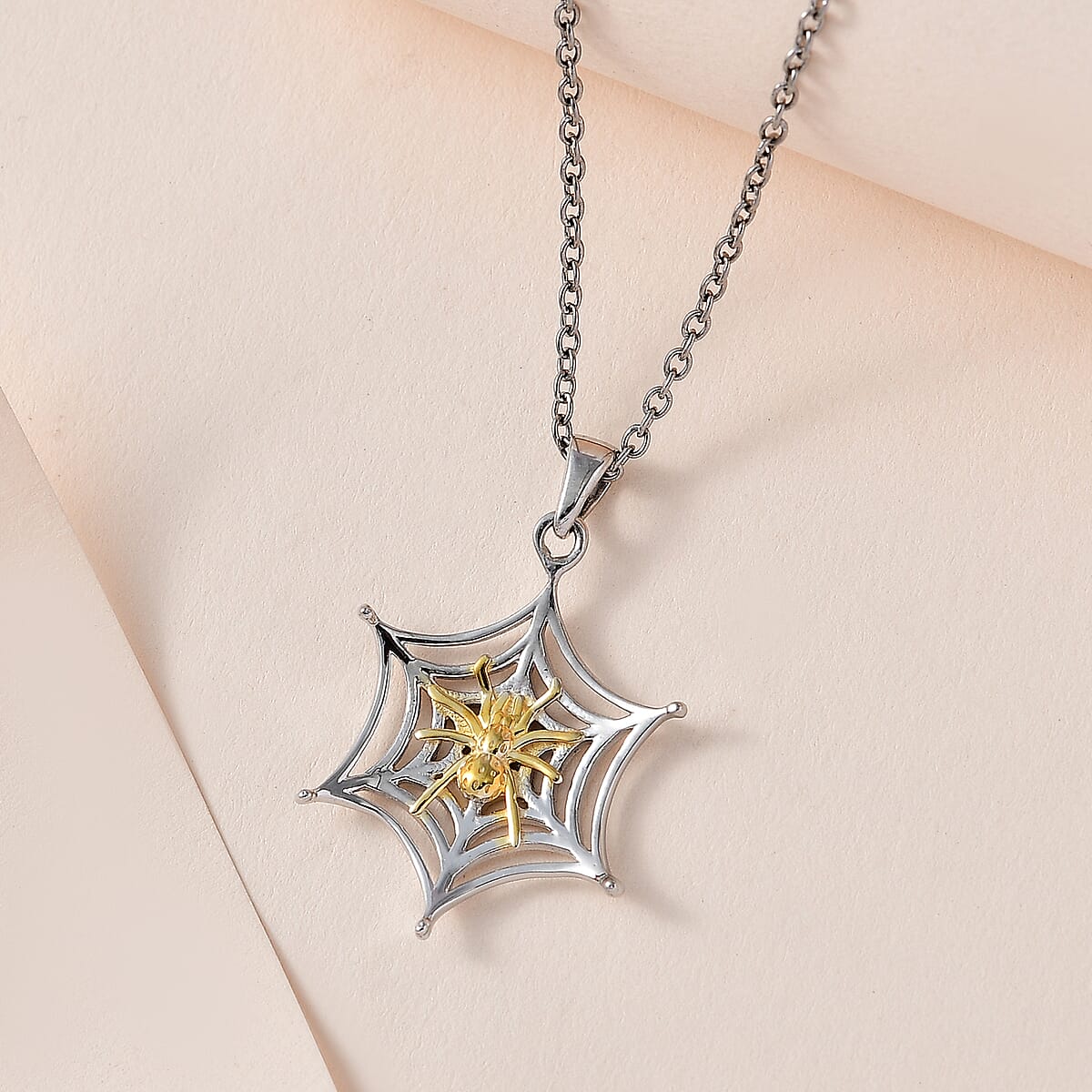 Vermeil YG Over Sterling Silver Spider Web Pendant with ION Plated YG Stainless Steel Necklace (20 Inches) image number 1