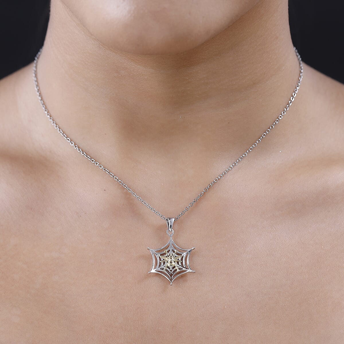 Vermeil YG Over Sterling Silver Spider Web Pendant with ION Plated YG Stainless Steel Necklace (20 Inches) image number 2