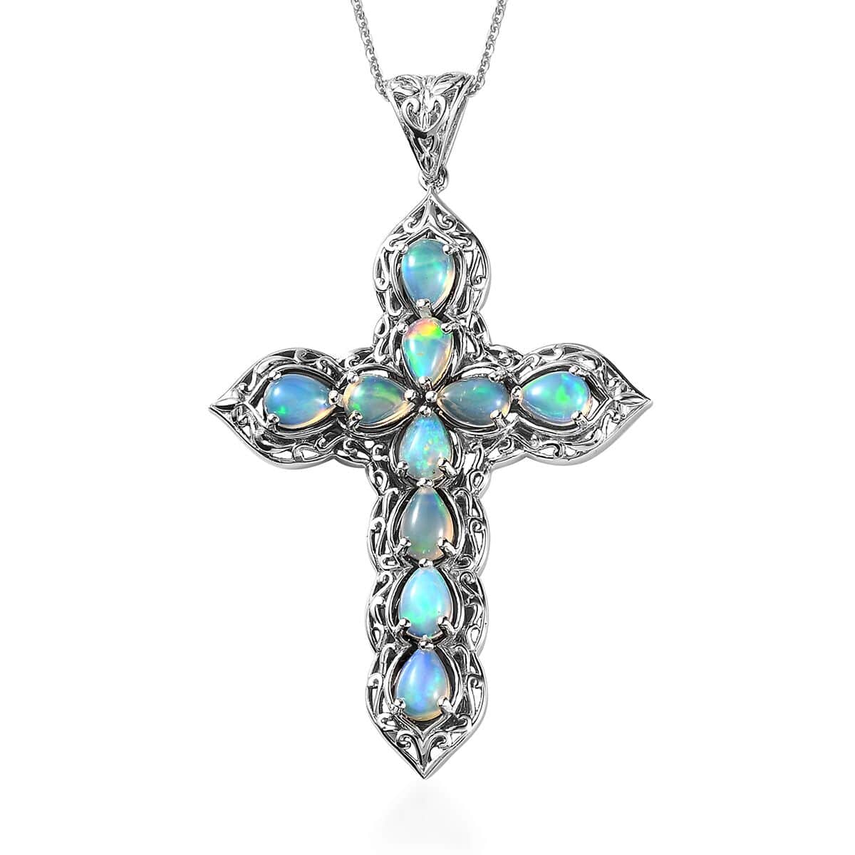 Ethiopian Welo Opal Cross Pendant Necklace 20 Inches in Platinum Over Sterling Silver 4.75 ctw image number 0