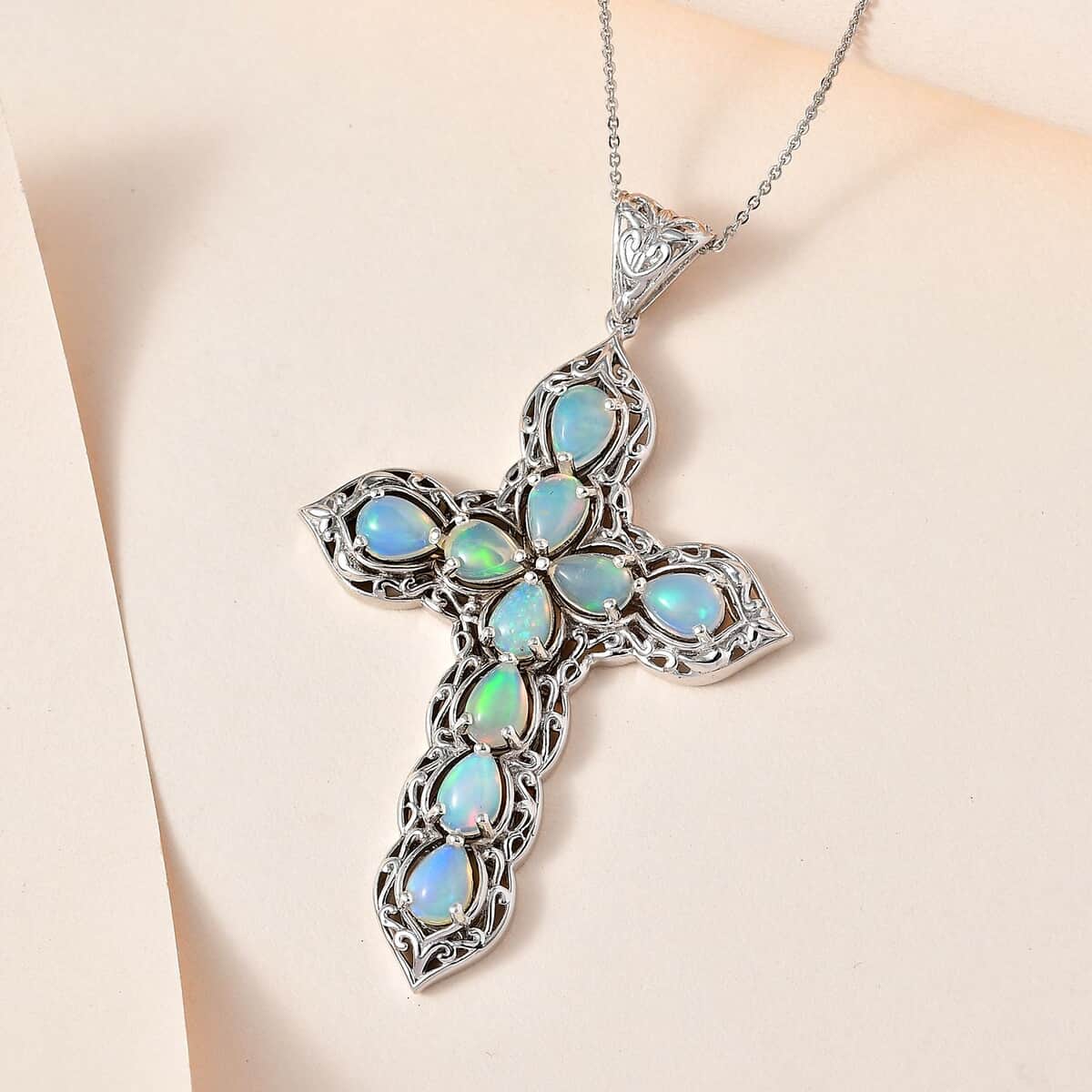 Ethiopian Welo Opal Cross Pendant Necklace 20 Inches in Platinum Over Sterling Silver 4.75 ctw image number 1