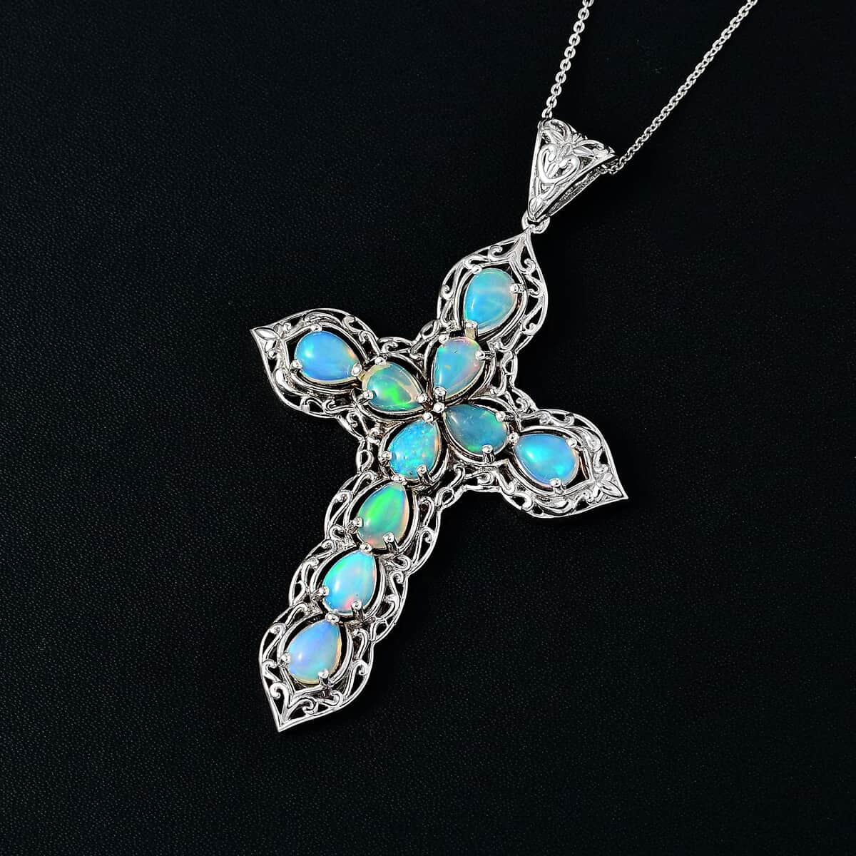 Ethiopian Welo Opal Cross Pendant Necklace 20 Inches in Platinum Over Sterling Silver 4.75 ctw image number 2