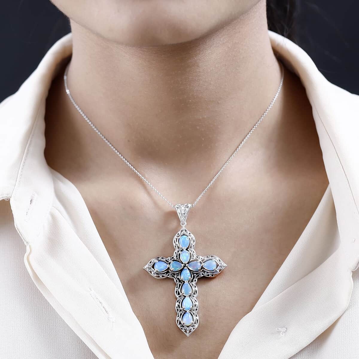 Ethiopian Welo Opal Cross Pendant Necklace 20 Inches in Platinum Over Sterling Silver 4.75 ctw image number 3