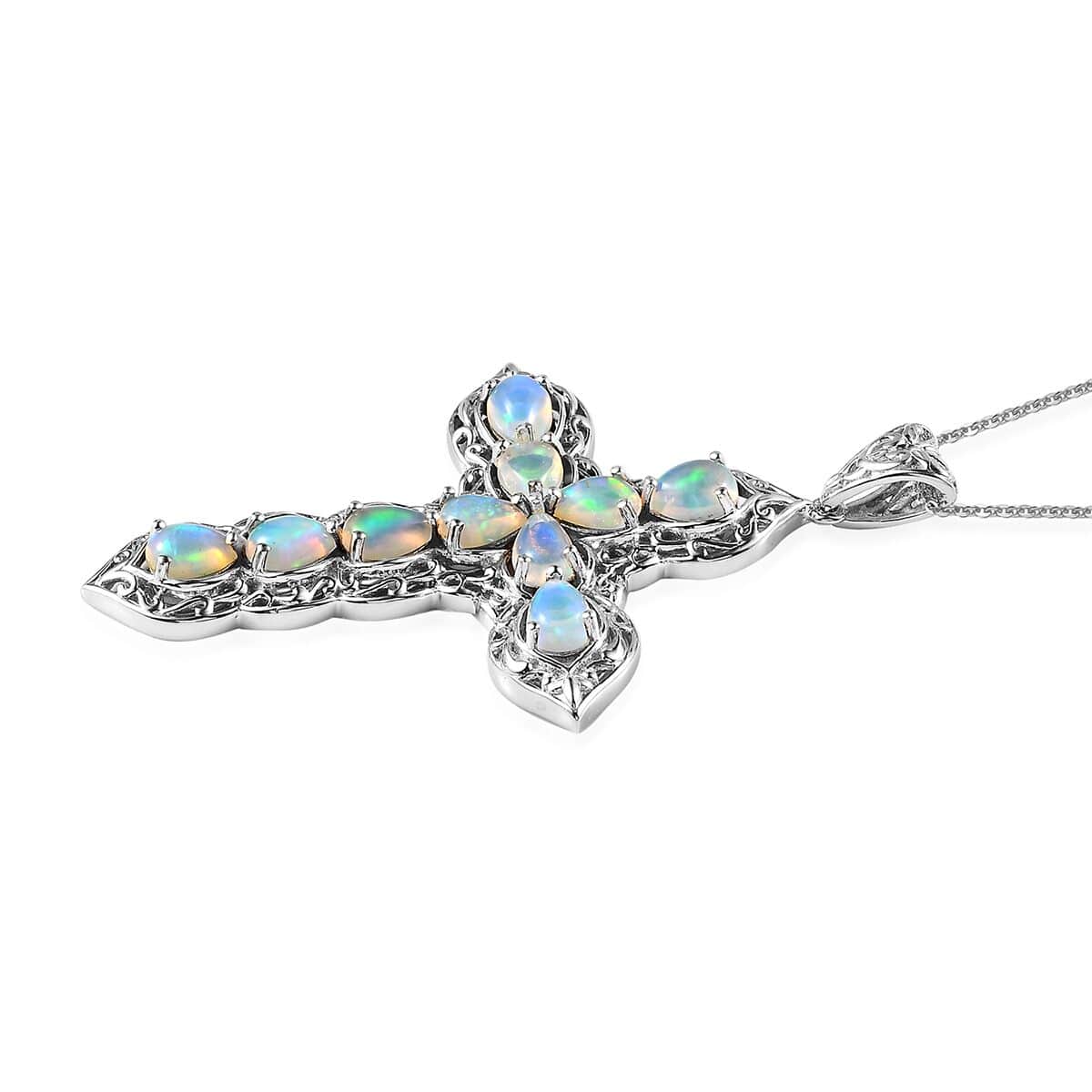 Ethiopian Welo Opal Cross Pendant Necklace 20 Inches in Platinum Over Sterling Silver 4.75 ctw image number 4