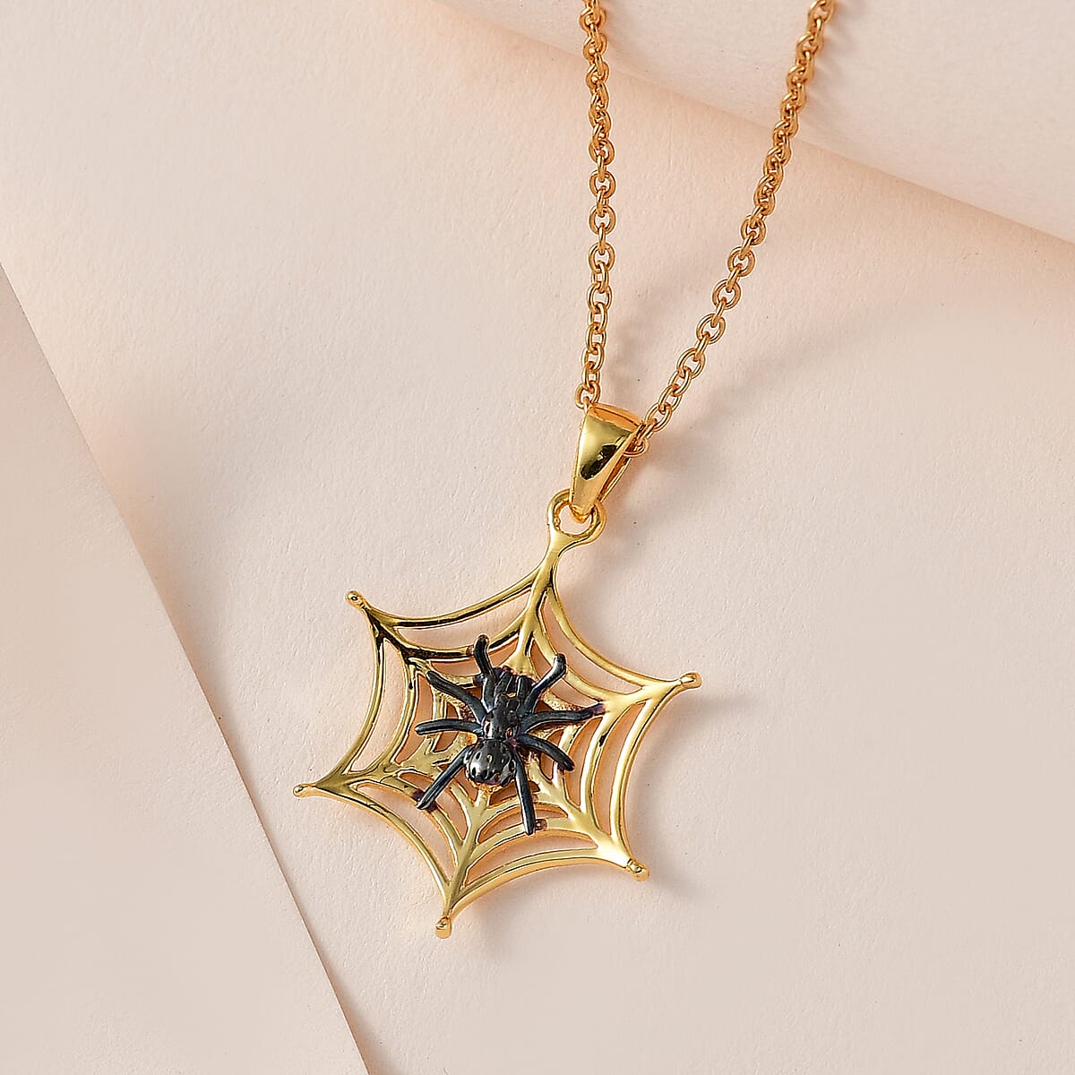 Vermeil Yellow Gold Over Sterling Silver Halloween Spider Web Pendant with ION Plated YG Stainless Steel Necklace 20 Inches image number 1