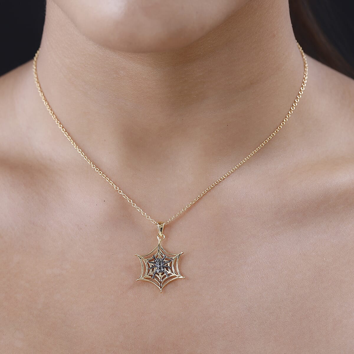 Vermeil Yellow Gold Over Sterling Silver Halloween Spider Web Pendant with ION Plated YG Stainless Steel Necklace 20 Inches image number 2