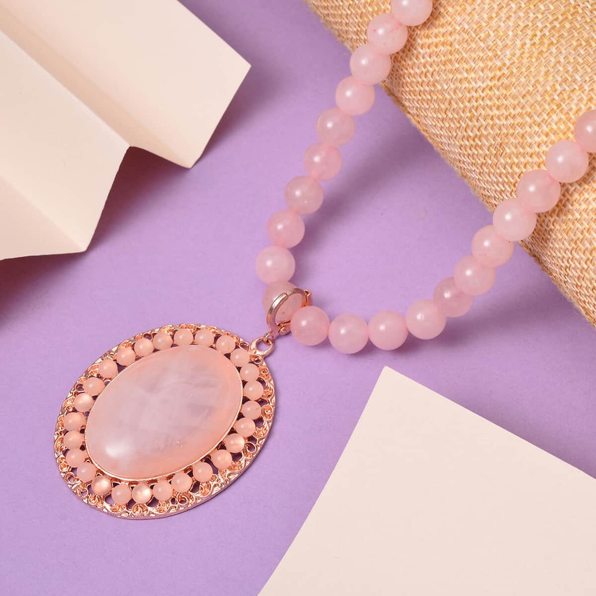 Galilea Rose Quartz Halo Pendant with Beaded Necklace 18-20 Inches in Rosetone 295.00 ctw image number 1