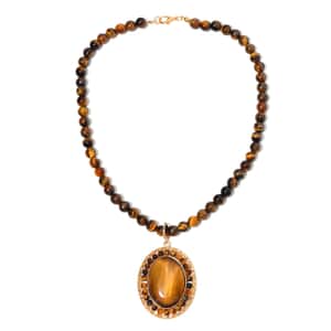 Yellow Tiger's Eye Halo Pendant with Beaded Necklace 18-20 Inches in Goldtone 305.35 ctw