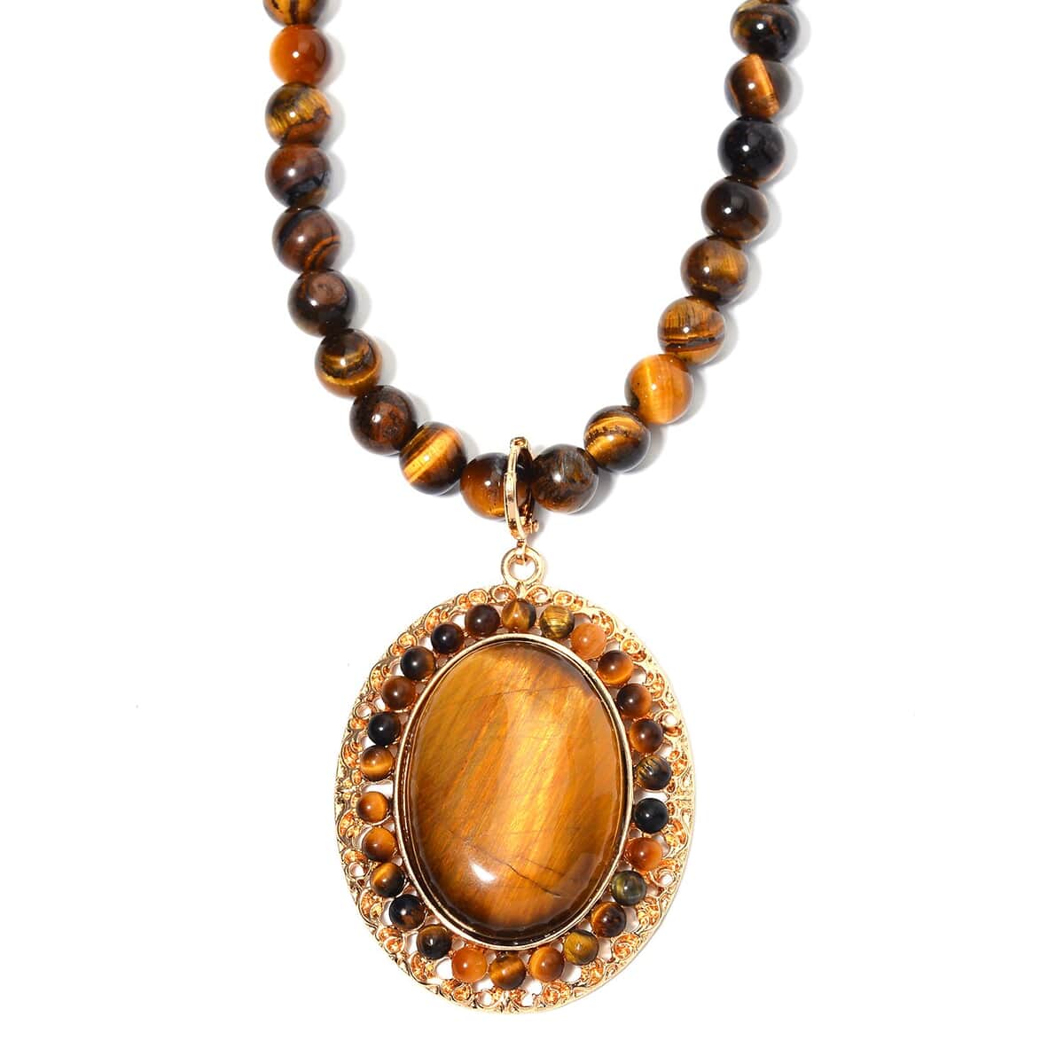Yellow Tiger's Eye Halo Pendant with Beaded Necklace 18-20 Inches in Goldtone 305.35 ctw image number 2
