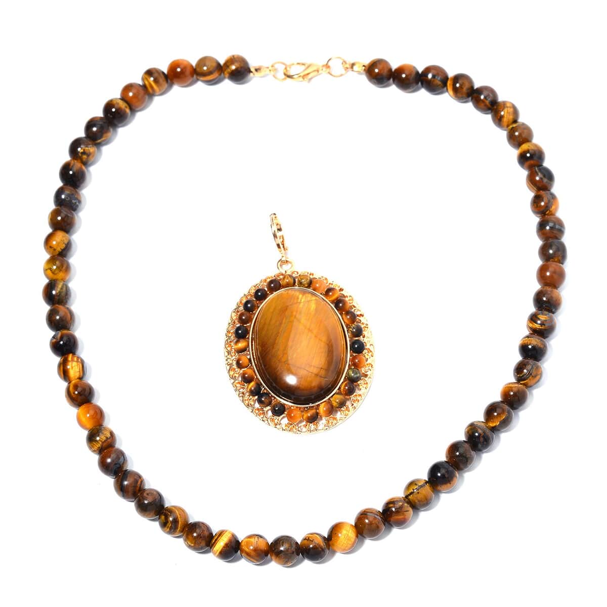 Yellow Tiger's Eye Halo Pendant with Beaded Necklace 18-20 Inches in Goldtone 305.35 ctw image number 3