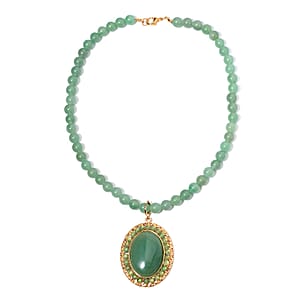 Green Aventurine Halo Pendant with Beaded Necklace 18-20 Inches in Goldtone 314.40 ctw