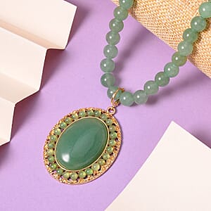 Green Aventurine Halo Pendant with Beaded Necklace 18-20 Inches in Goldtone 314.40 ctw