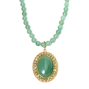 Green Aventurine Halo Pendant with Beaded Necklace 18-20 Inches in Goldtone 314.40 ctw