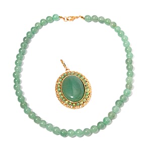 Green Aventurine Halo Pendant with Beaded Necklace 18-20 Inches in Goldtone 314.40 ctw