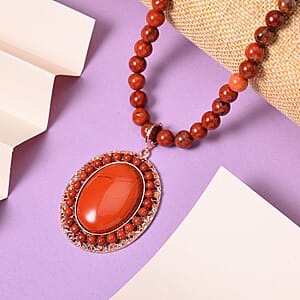Red Jasper Halo Pendant with Beaded Necklace 18-20 Inches in Rosetone 291.60 ctw